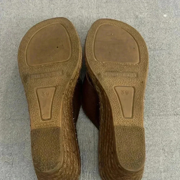 [39/9]Burberry Nova Check Brown Leather  Espadrille Wedge Slides Sandals - Picture 6 of 9